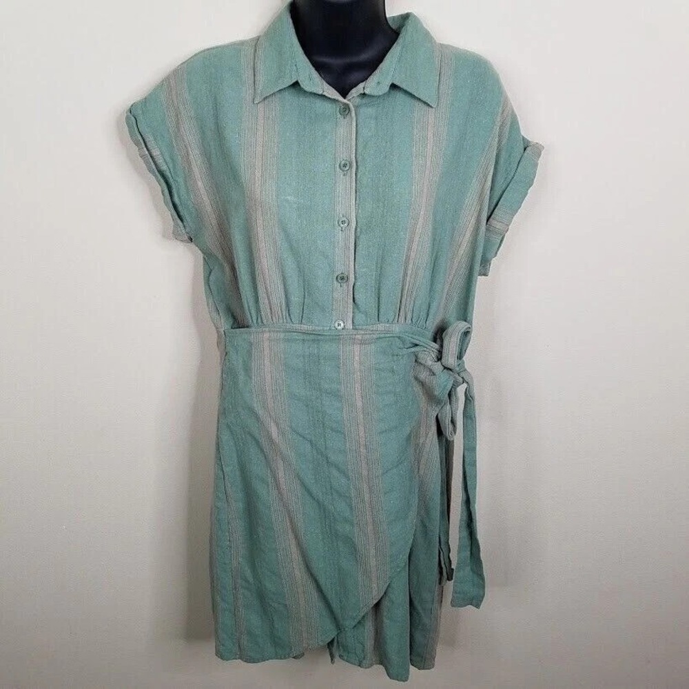 Blue Rain Women's Green & Beige Striped Button Front Tie Waist Mini Dress Size M